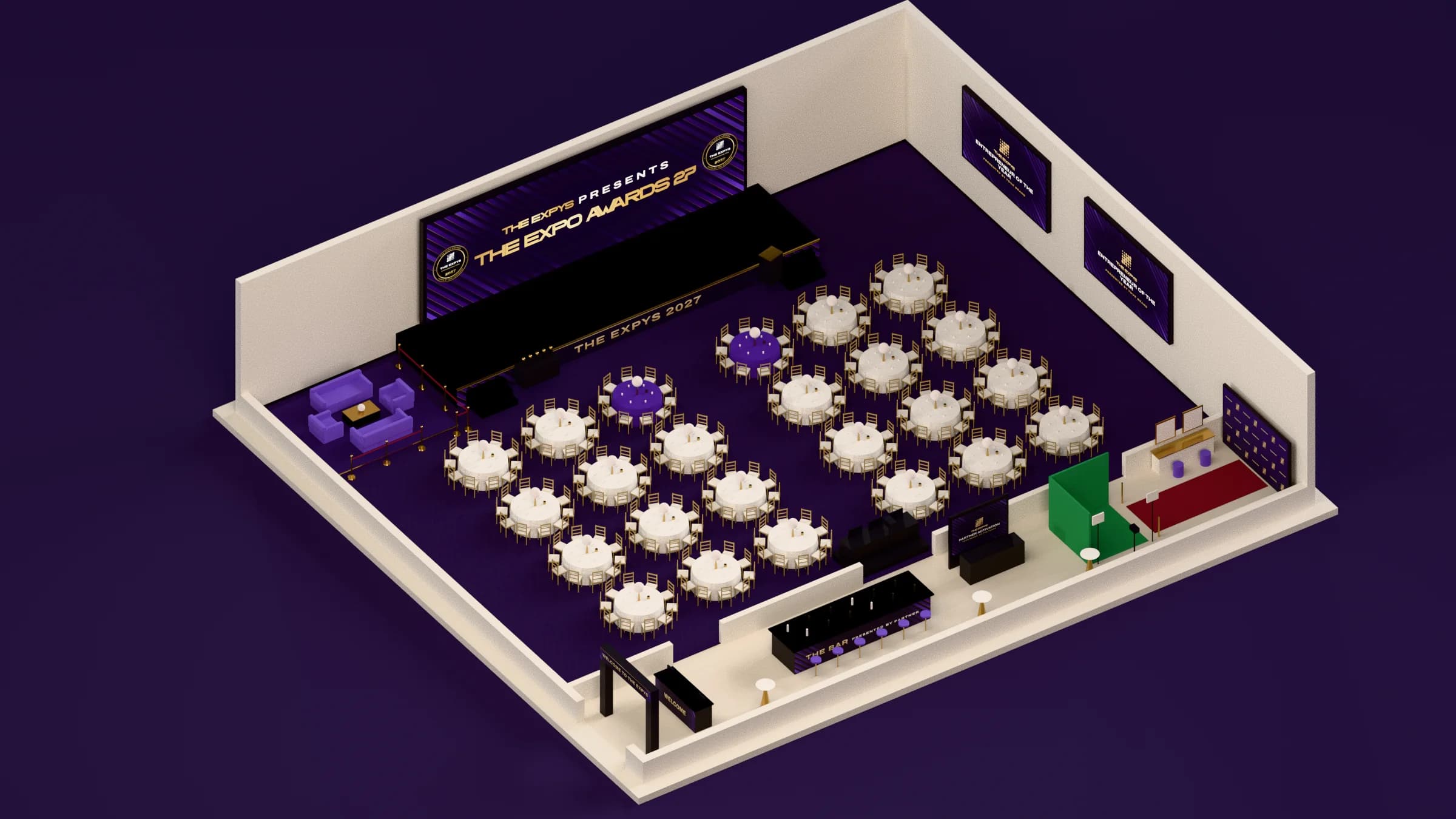 A model of the gala room seen from above: the stage with the LED wall reading The Expys presents The Expo Awards 27, two side screens on the long wall, rounds of ten, a VIP lounge, the entrance arch, registration, the bar, a glam station, a partner stand, a green screen and the red carpet to the photo wall.