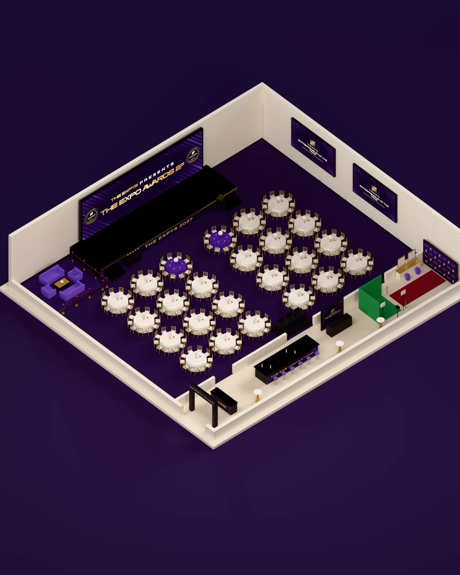 A model of the gala room seen from above: the stage with the LED wall reading The Expys presents The Expo Awards 27, two side screens on the long wall, rounds of ten, a VIP lounge, the entrance arch, registration, the bar, a glam station, a partner stand, a green screen and the red carpet to the photo wall.