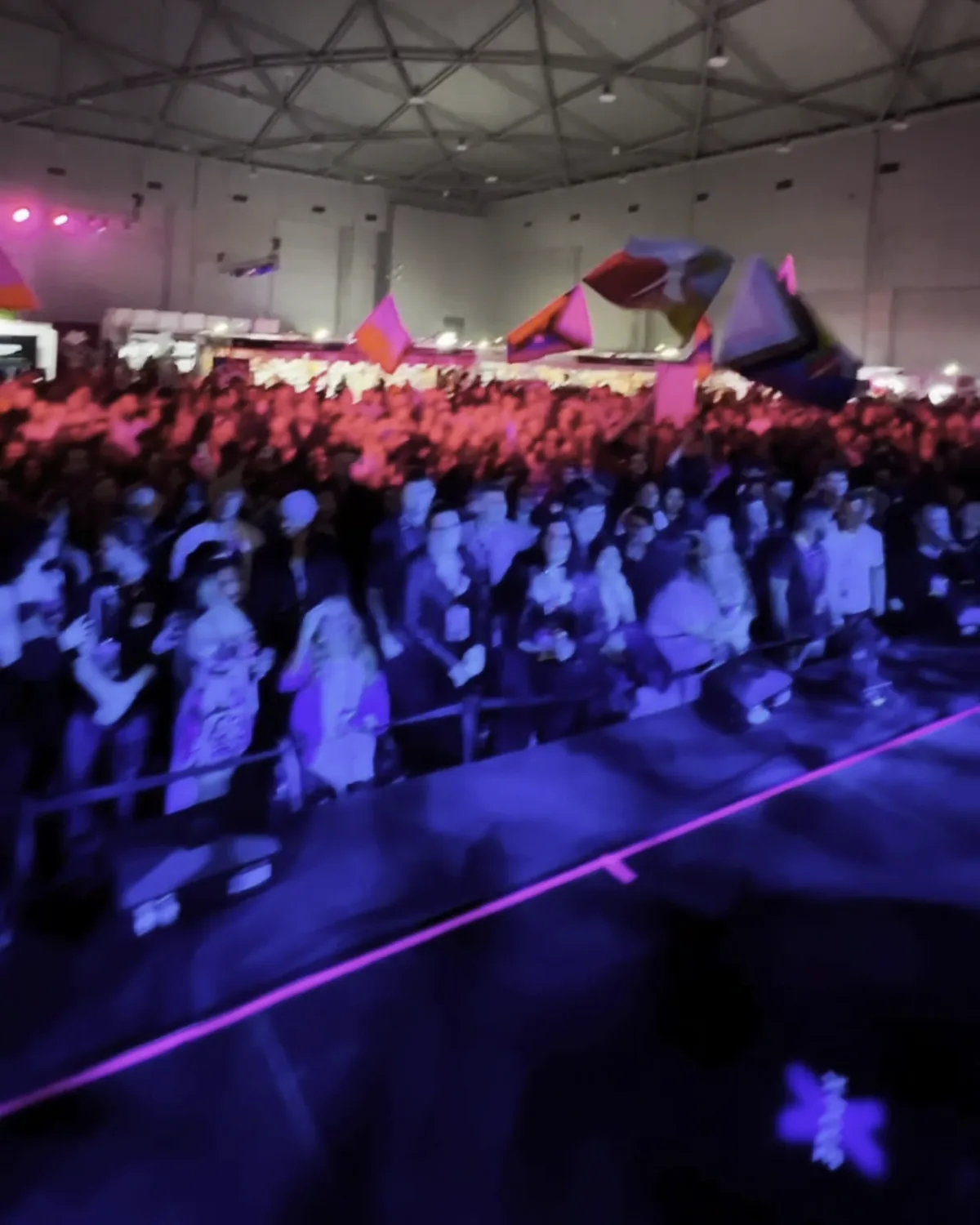 A festival crowd lit pink and blue under a hall roof, banners flying above their heads