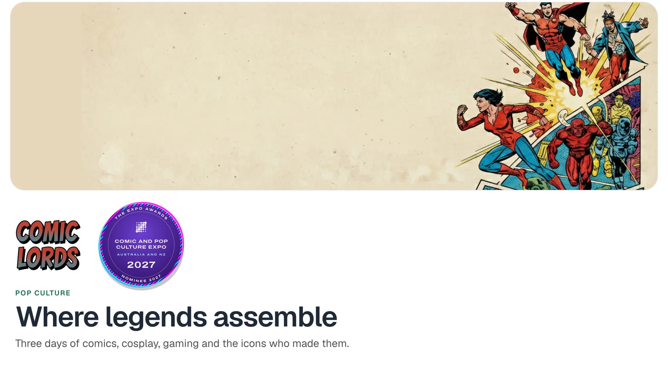 The Comic Lords Expo page on Exhibitio: the comic-art banner, the show’s logo with The Expo Awards Nominee 2027 badge beside it, and the title, Where legends assemble