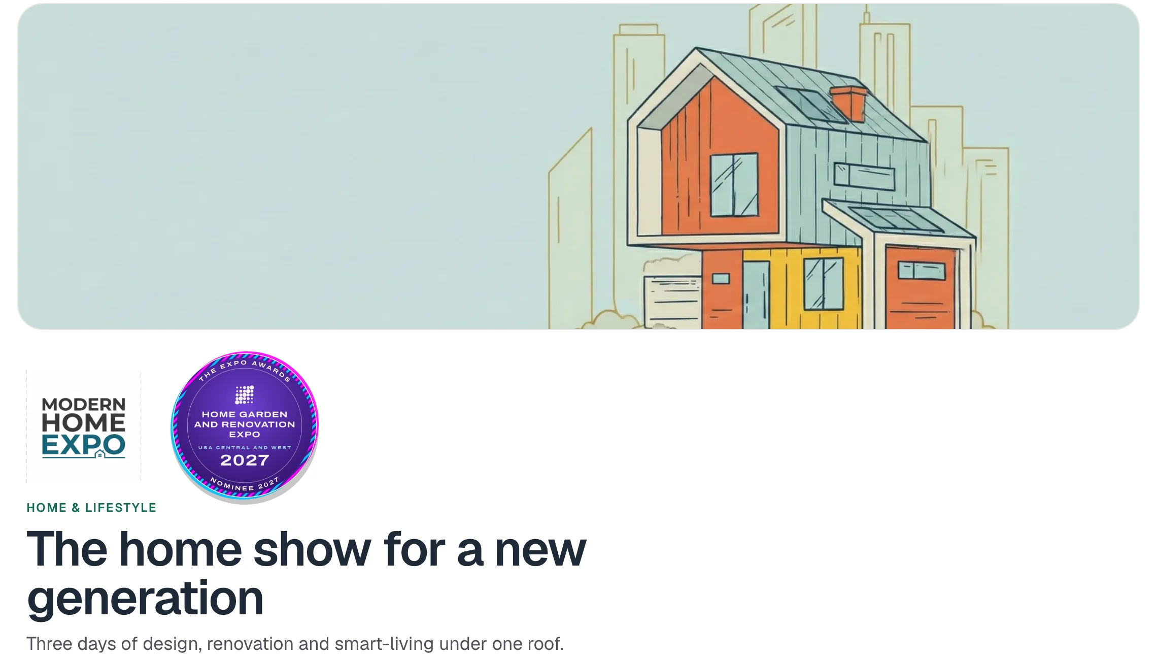 The Modern Home Expo page on Exhibitio: the illustrated house banner, the show’s logo with The Expo Awards Nominee 2027 badge beside it, and the title, The home show for a new generation