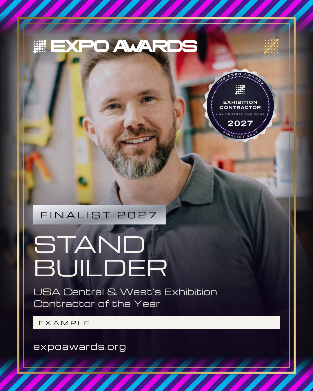 An example Finalist 2027 post: the entrant's picture, the award and the badge