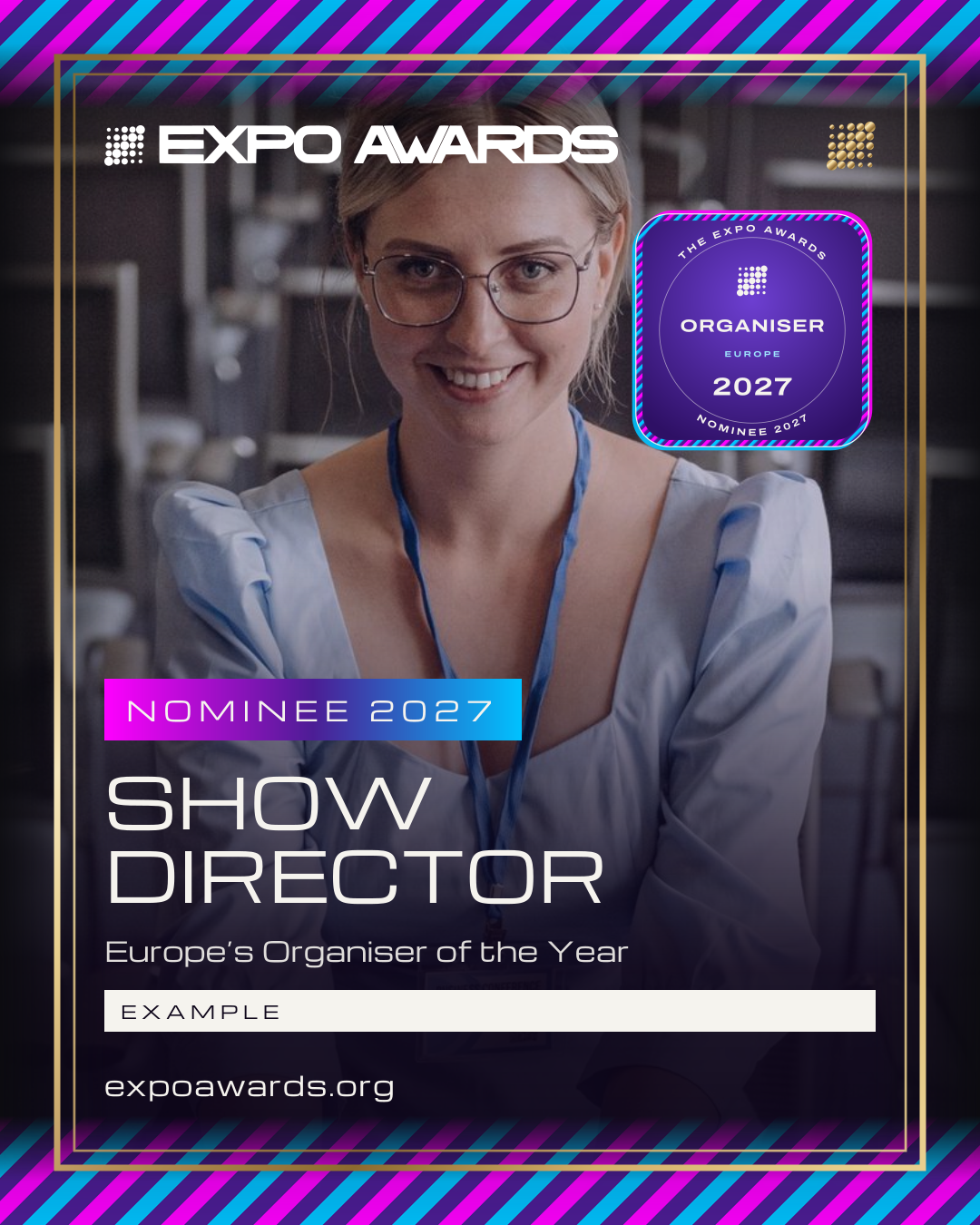 An example Nominee 2027 post: the entrant's picture, the award and the badge