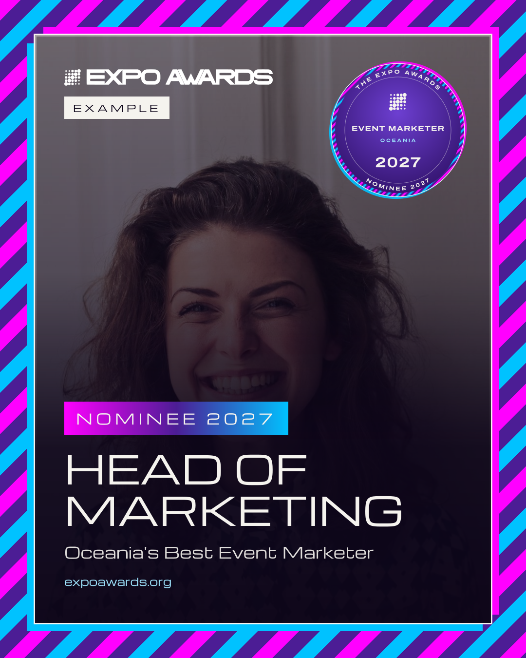 An example Nominee 2027 post for The Expo Awards: the badge, the award and the picture, marked example