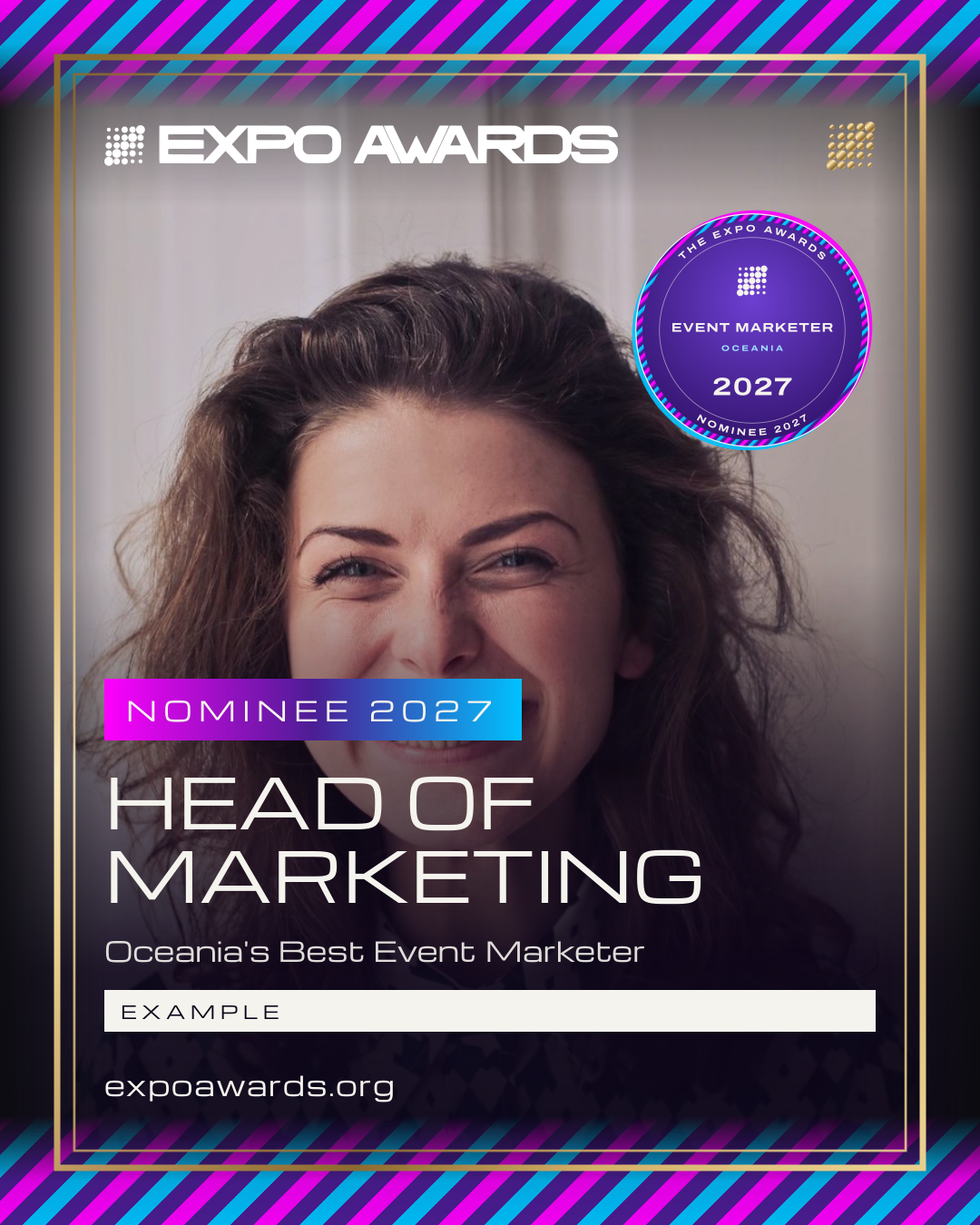 An example Nominee 2027 post for The Expo Awards: the badge, the award and the picture, marked example